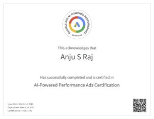 Best Freelance Digital Marketer in Thrissur certificate of Performance ad