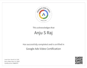 Best Freelance Digital Marketer in Thrissur certificate of Google ads video